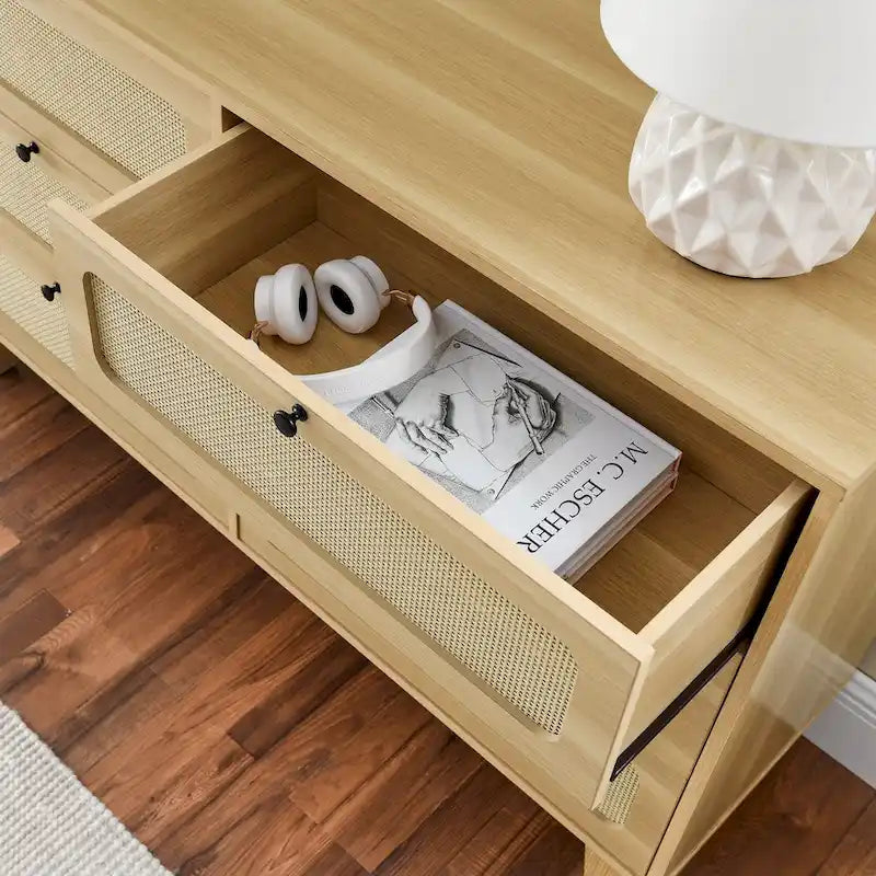 6-Drawer Dresser with Rattan Weave Fronts - Wood - 56 Inch