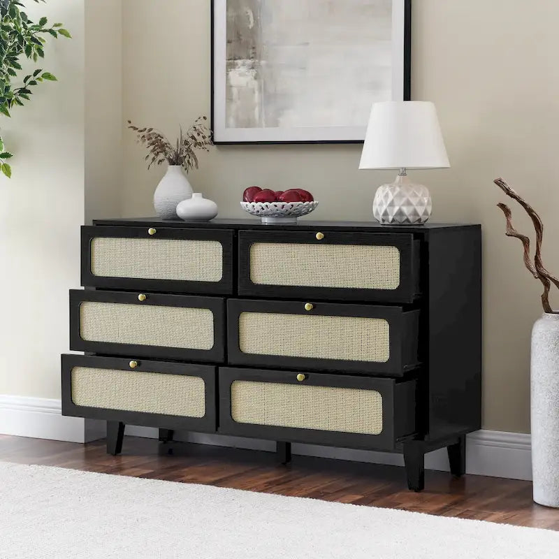 6-Drawer Dresser with Rattan Weave Fronts - Wood - 56 Inch