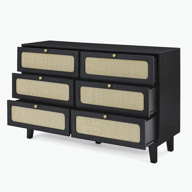 6-Drawer Dresser with Rattan Weave Fronts - Wood - 56 Inch