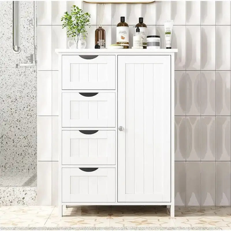 Bathroom Floor Cabinet with 4 Drawers and Cupboard - 32.5 Inch