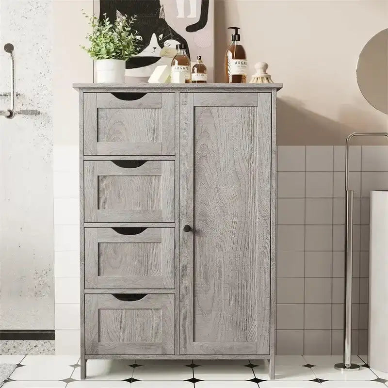 Bathroom Floor Cabinet with 4 Drawers and Cupboard - 32.5 Inch