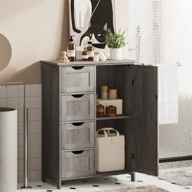 Bathroom Floor Cabinet with 4 Drawers and Cupboard - 32.5 Inch