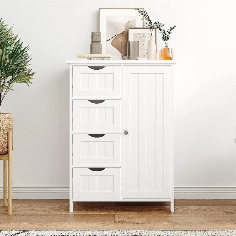 Bathroom Floor Cabinet with 4 Drawers and Cupboard - 32.5 Inch