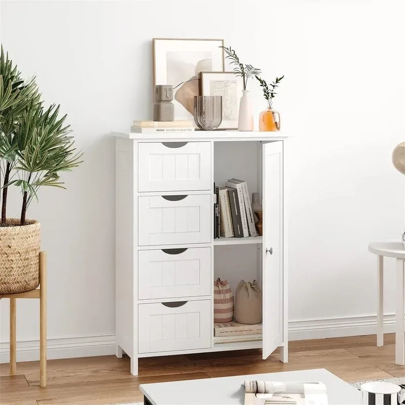 Bathroom Floor Cabinet with 4 Drawers and Cupboard - 32.5 Inch