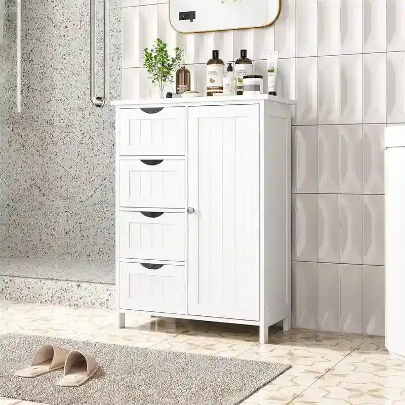 Bathroom Floor Cabinet with 4 Drawers and Cupboard - 32.5 Inch