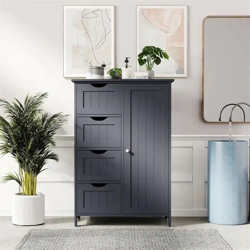 Bathroom Floor Cabinet with 4 Drawers and Cupboard - 32.5 Inch