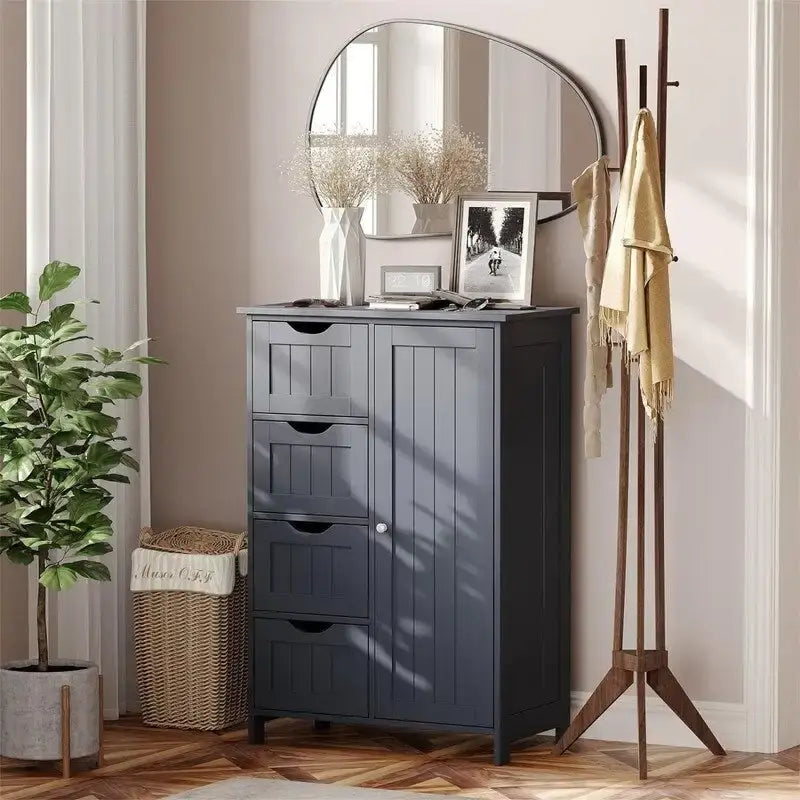 Bathroom Floor Cabinet with 4 Drawers and Cupboard - 32.5 Inch