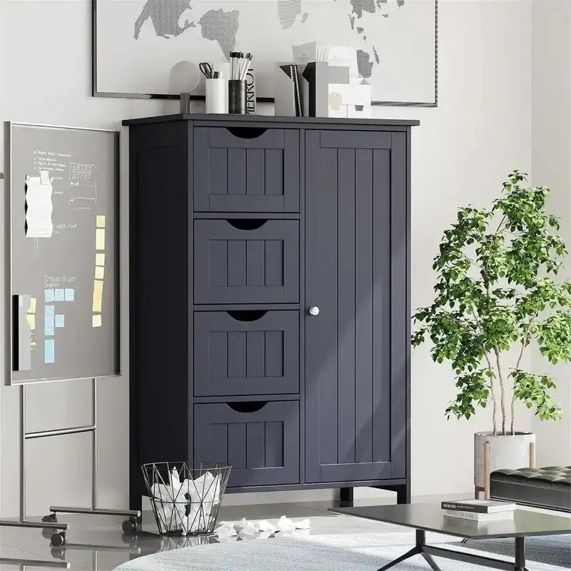 Bathroom Floor Cabinet with 4 Drawers and Cupboard - 32.5 Inch
