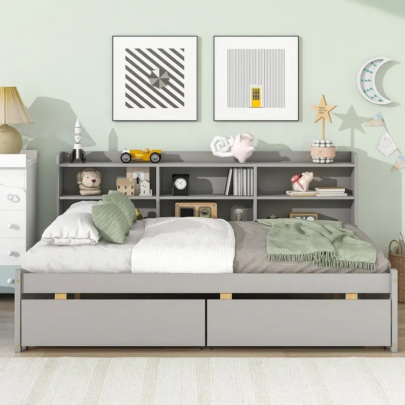 Full Bed with Side Bookcase Drawers