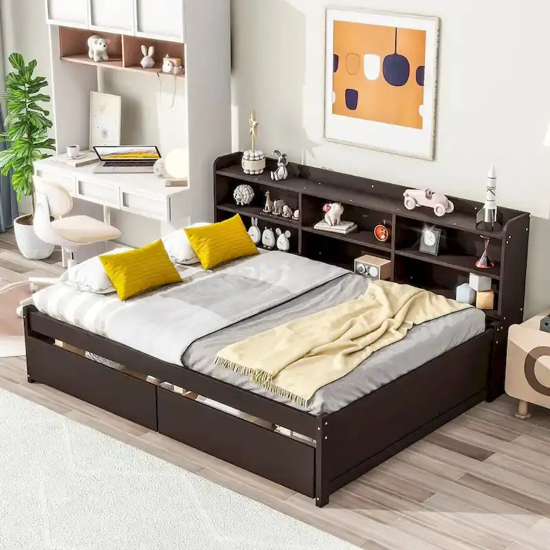 Full Bed with Side Bookcase Drawers