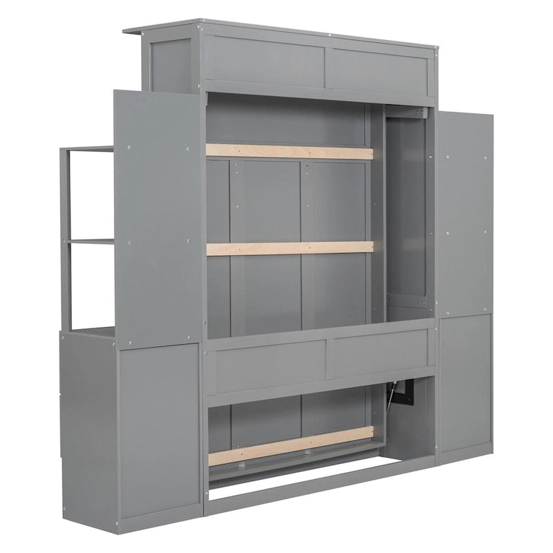 Full Size Murphy Wall Bed with Shelves, 4 Drawers and LED Lights