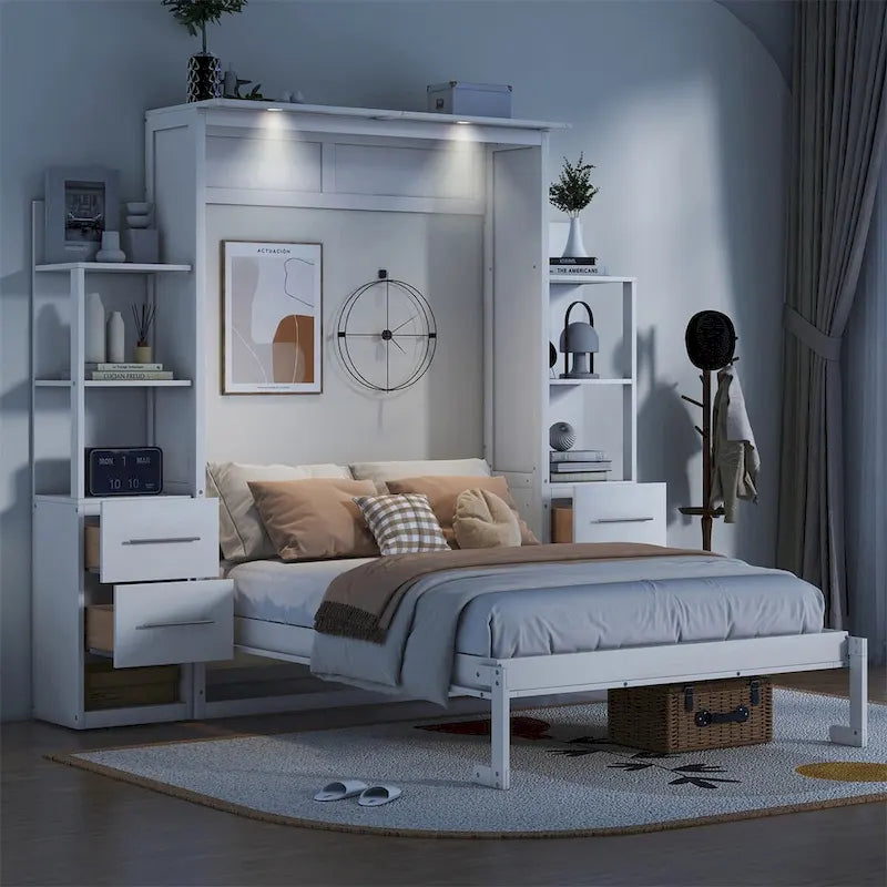 Full Size Murphy Wall Bed with Shelves, 4 Drawers and LED Lights