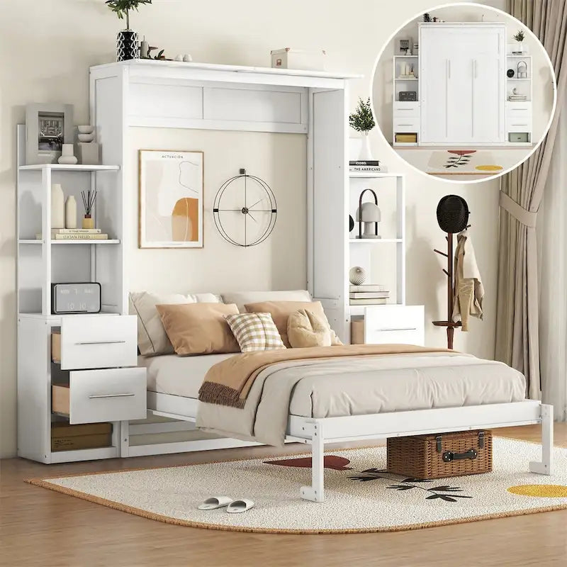 Full Size Murphy Wall Bed with Shelves, 4 Drawers and LED Lights