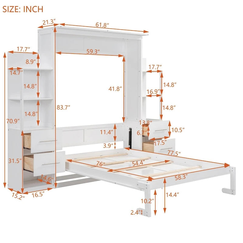 Full Size Murphy Wall Bed with Shelves, 4 Drawers and LED Lights