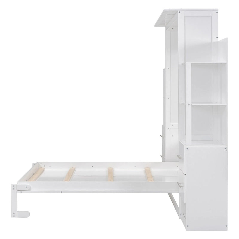 Full Size Murphy Wall Bed with Shelves, 4 Drawers and LED Lights