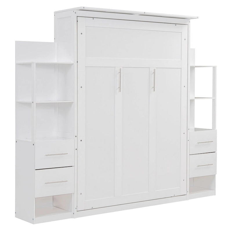 Full Size Murphy Wall Bed with Shelves, 4 Drawers and LED Lights