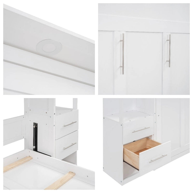 Full Size Murphy Wall Bed with Shelves, 4 Drawers and LED Lights