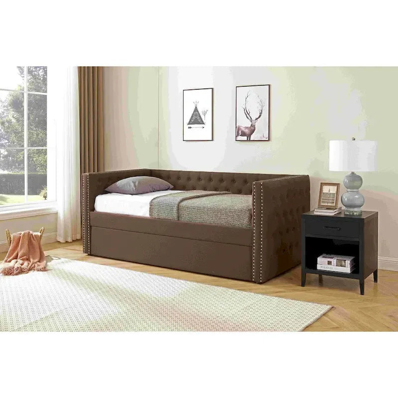 Upholstered Twin Daybed with Trundle - Button Tufted - Nailhead Trim