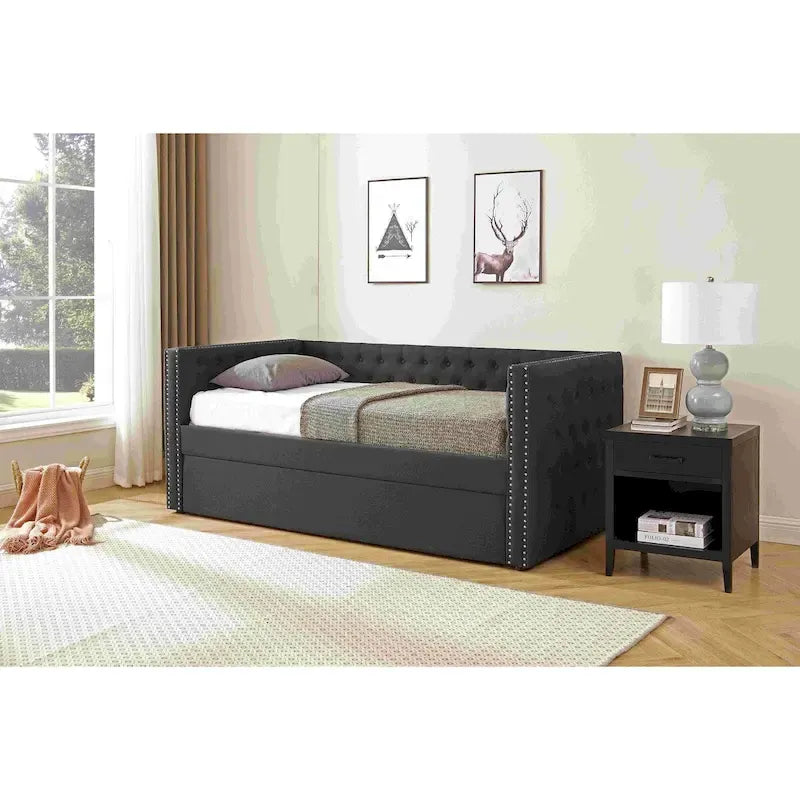 Upholstered Twin Daybed with Trundle - Button Tufted - Nailhead Trim