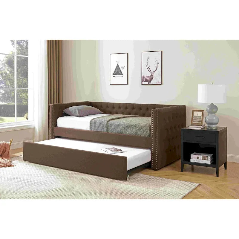 Lit de repos double rembourré avec lit gigogne - Capitonnage - Clous décoratifs