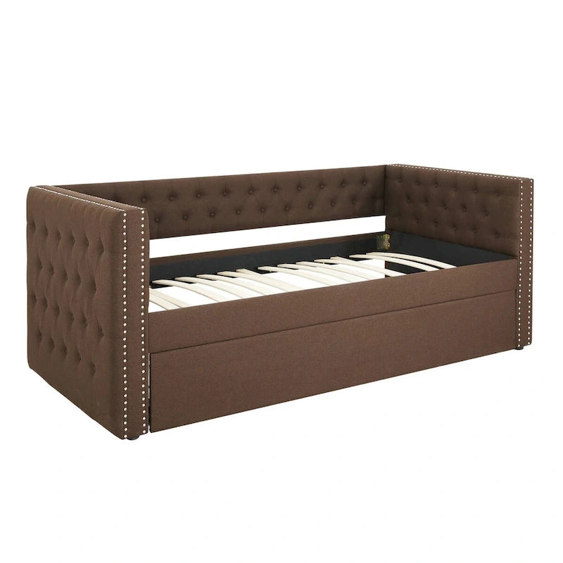 Upholstered Twin Daybed with Trundle - Button Tufted - Nailhead Trim