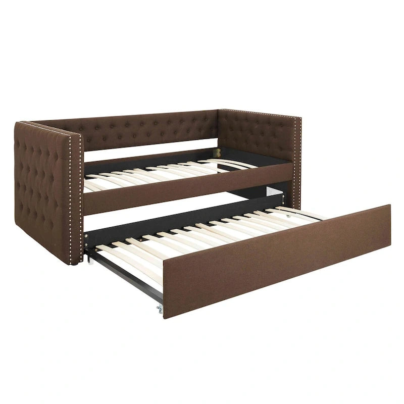 Lit de repos double rembourré avec lit gigogne - Capitonnage - Clous décoratifs