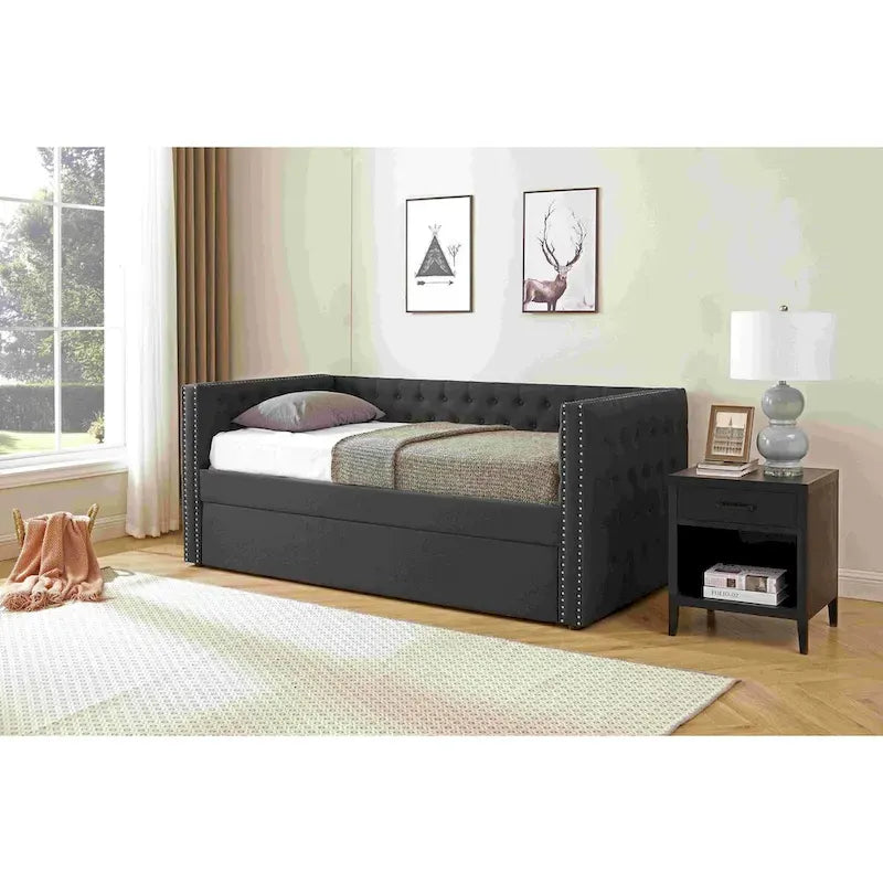 Lit de repos double rembourré avec lit gigogne - Capitonnage - Clous décoratifs