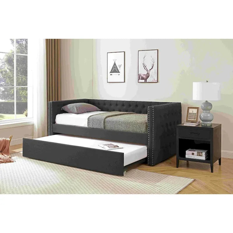 Lit de repos double rembourré avec lit gigogne - Capitonnage - Clous décoratifs