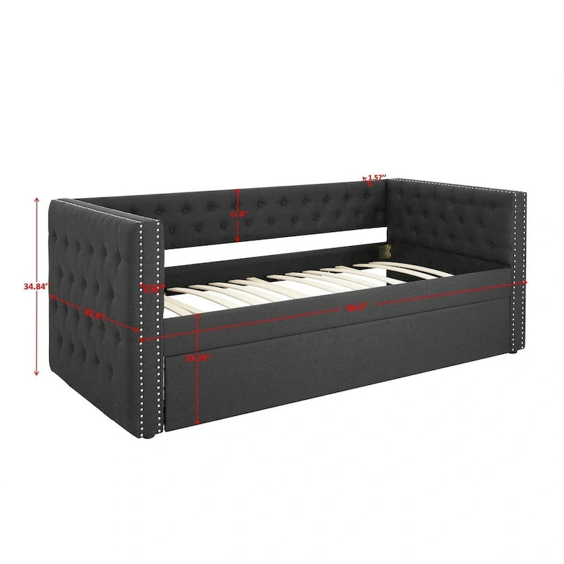 Lit de repos double rembourré avec lit gigogne - Capitonnage - Clous décoratifs