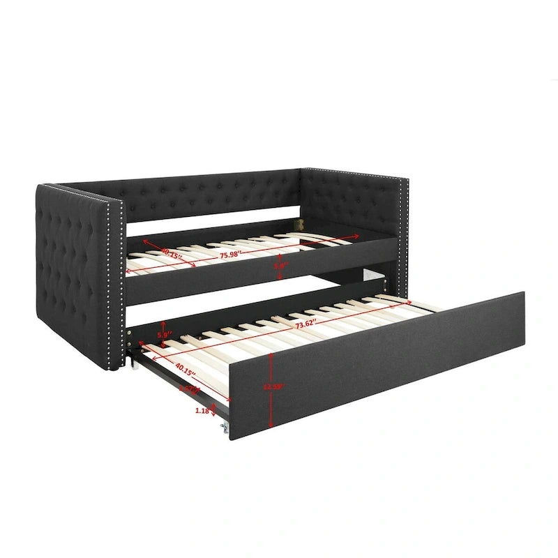 Lit de repos double rembourré avec lit gigogne - Capitonnage - Clous décoratifs