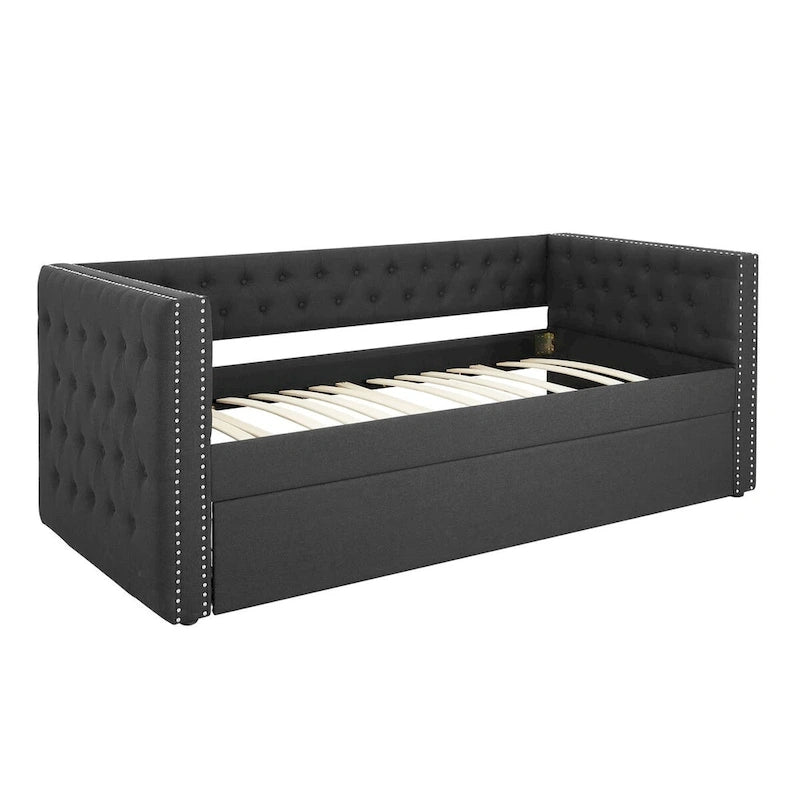 Lit de repos double rembourré avec lit gigogne - Capitonnage - Clous décoratifs