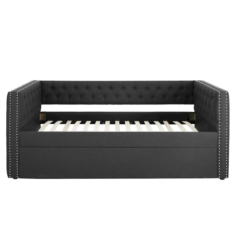 Lit de repos double rembourré avec lit gigogne - Capitonnage - Clous décoratifs