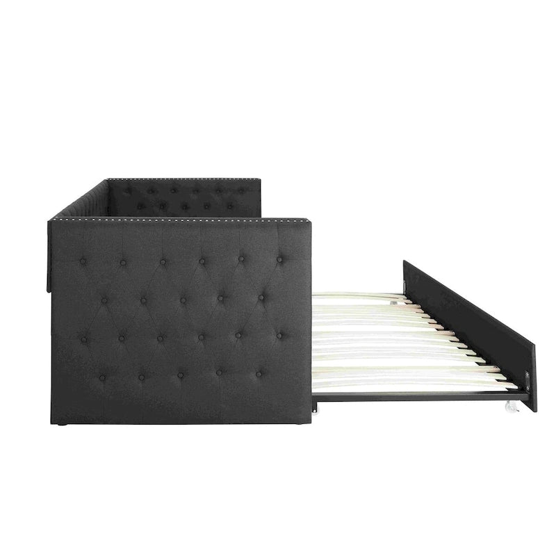 Lit de repos double rembourré avec lit gigogne - Capitonnage - Clous décoratifs