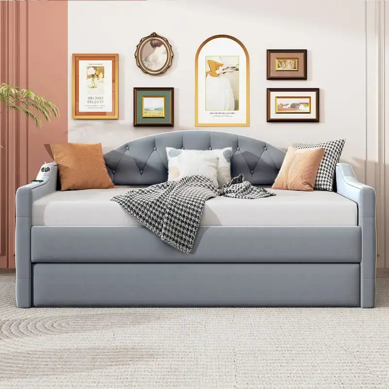 Twin Size Tufted Upholstered Daybed with Trundle ,Velvet Sofabed with USB&Type-C Charging Ports,No Box-spring Needed