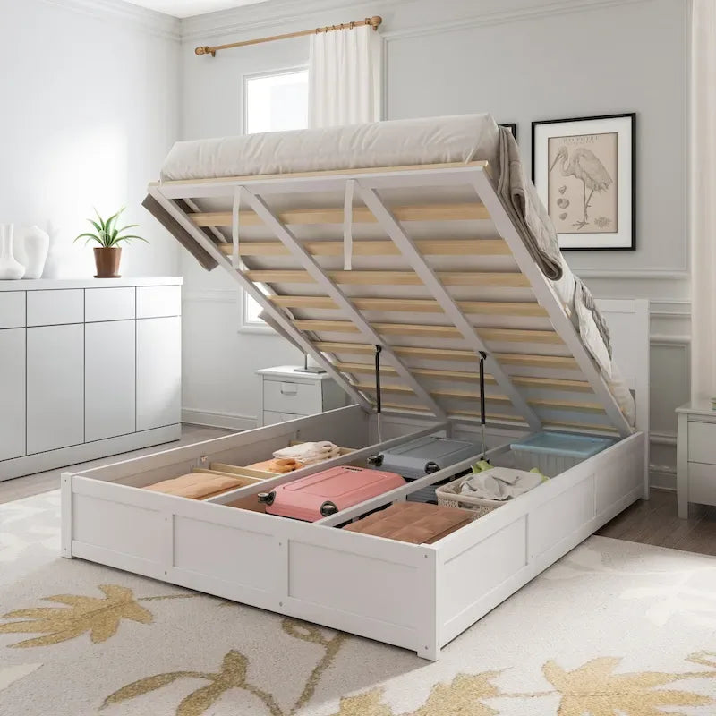 Queen Wood Platform Bed with Hydraulic Storage and 2 Drawers
