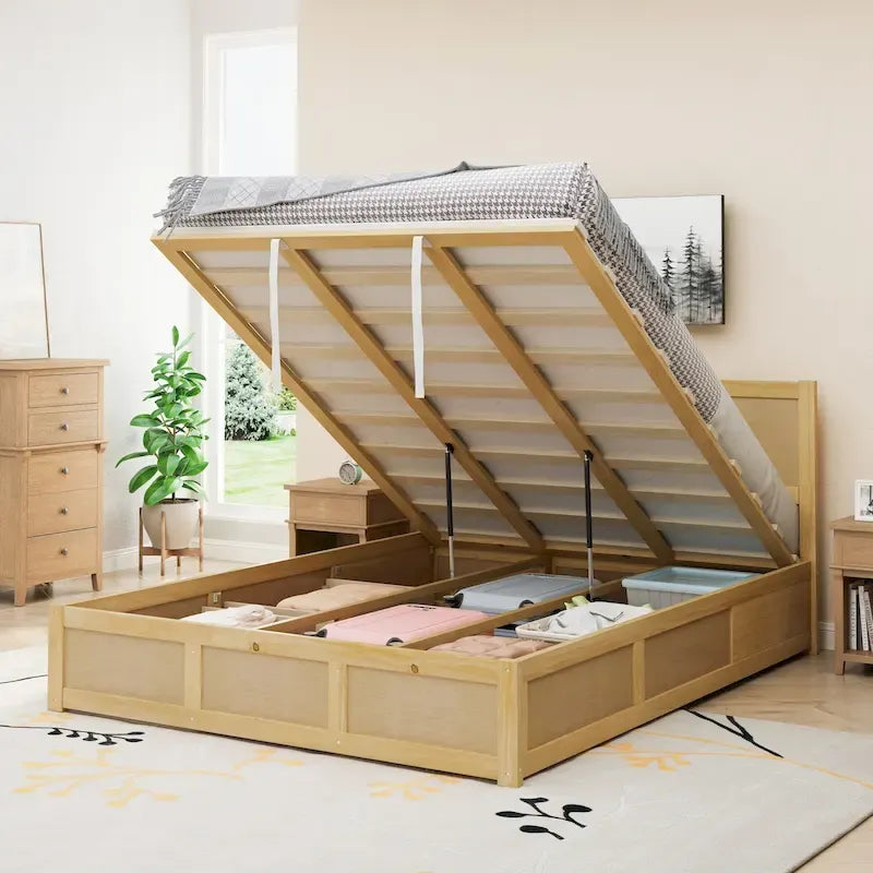 Queen Wood Platform Bed with Hydraulic Storage and 2 Drawers