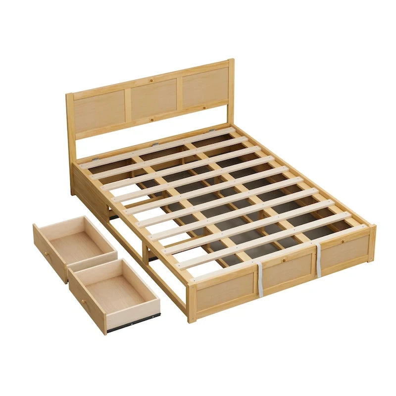 Queen Wood Platform Bed with Hydraulic Storage and 2 Drawers