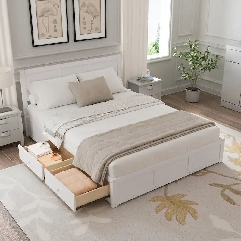 Queen Wood Platform Bed with Hydraulic Storage and 2 Drawers