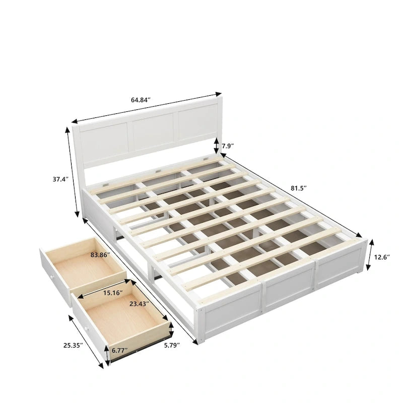 Queen Wood Platform Bed with Hydraulic Storage and 2 Drawers