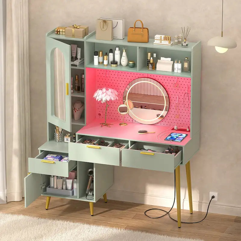 Coiffeuse avec panneau perforé et huche, table de maquillage de chambre à coucher avec station de charge et lumière LED - S/O