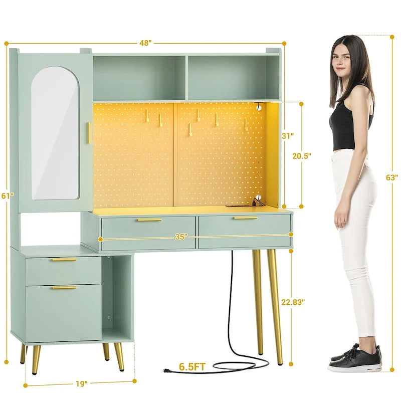 Coiffeuse avec panneau perforé et huche, table de maquillage de chambre à coucher avec station de charge et lumière LED - S/O