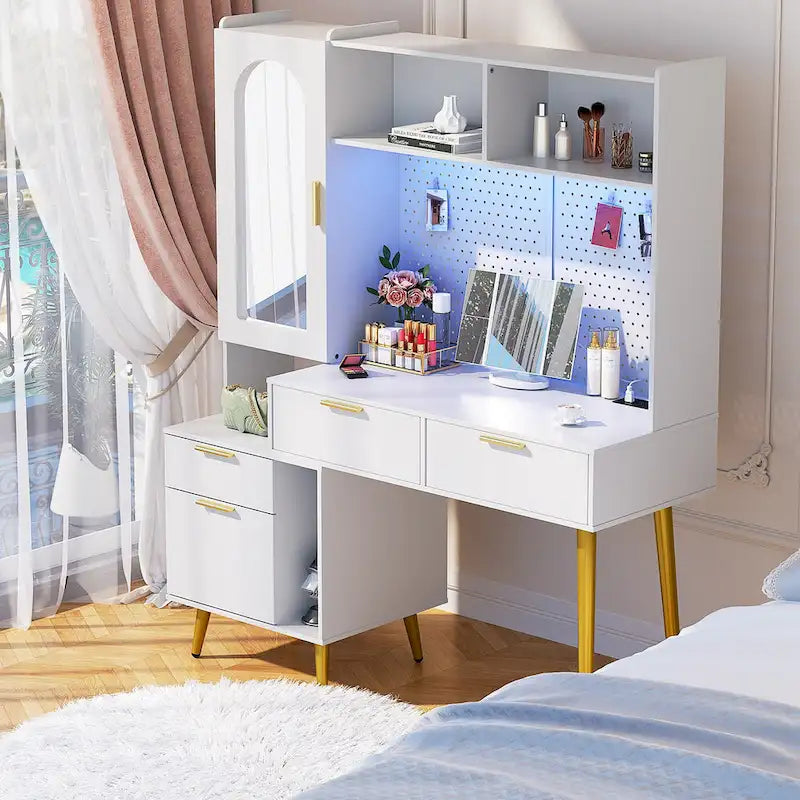 Coiffeuse avec panneau perforé et huche, table de maquillage de chambre à coucher avec station de charge et lumière LED - S/O