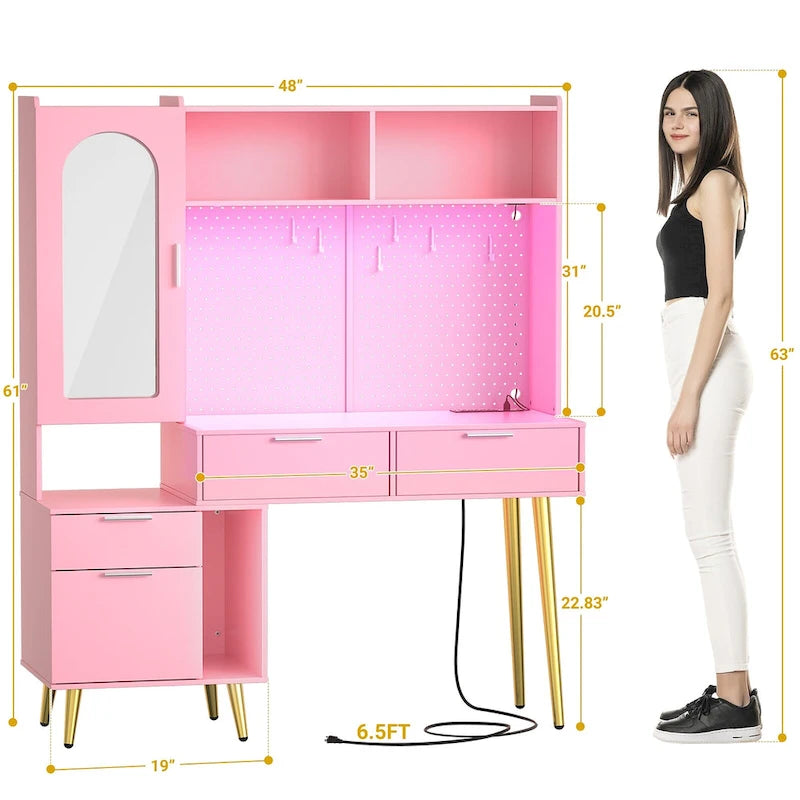 Coiffeuse avec panneau perforé et huche, table de maquillage de chambre à coucher avec station de charge et lumière LED - S/O