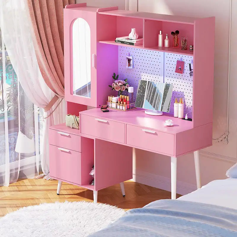 Coiffeuse avec panneau perforé et huche, table de maquillage de chambre à coucher avec station de charge et lumière LED - S/O