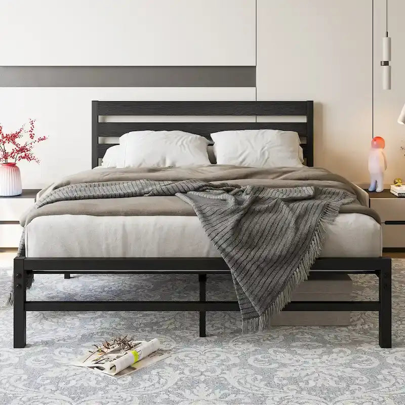 Queen Size Platform Bed Frame with Rustic Vintage Wood Headboard, Strong Metal Slats Support Mattress Foundation