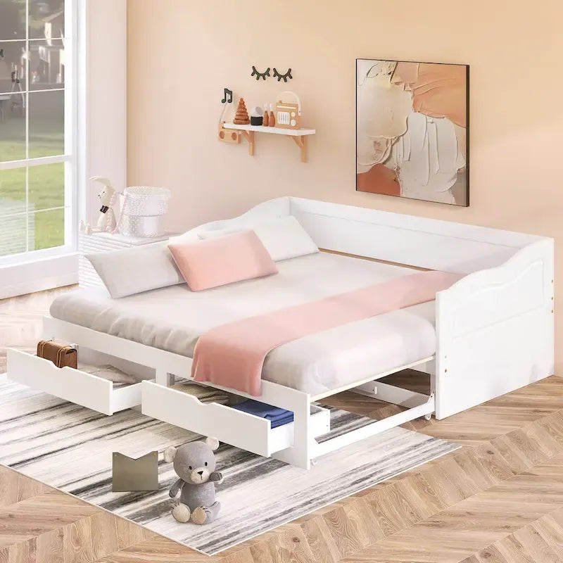 Canapé-lit extensible en bois, lit de repos avec lit gigogne et 2 tiroirs de rangement