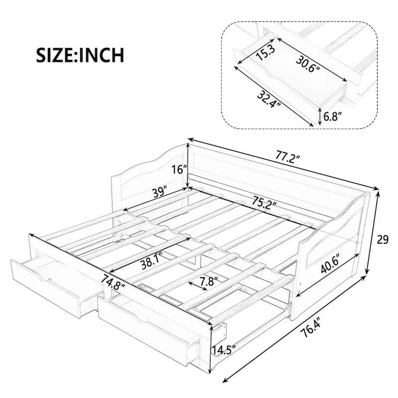 Canapé-lit extensible en bois, lit de repos avec lit gigogne et 2 tiroirs de rangement