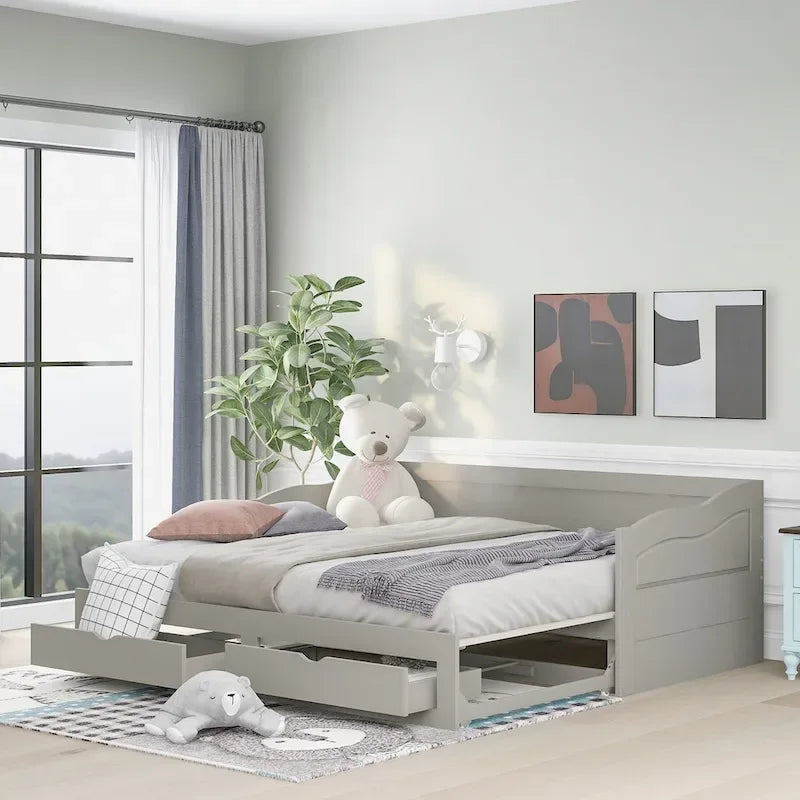 Canapé-lit extensible en bois, lit de repos avec lit gigogne et 2 tiroirs de rangement