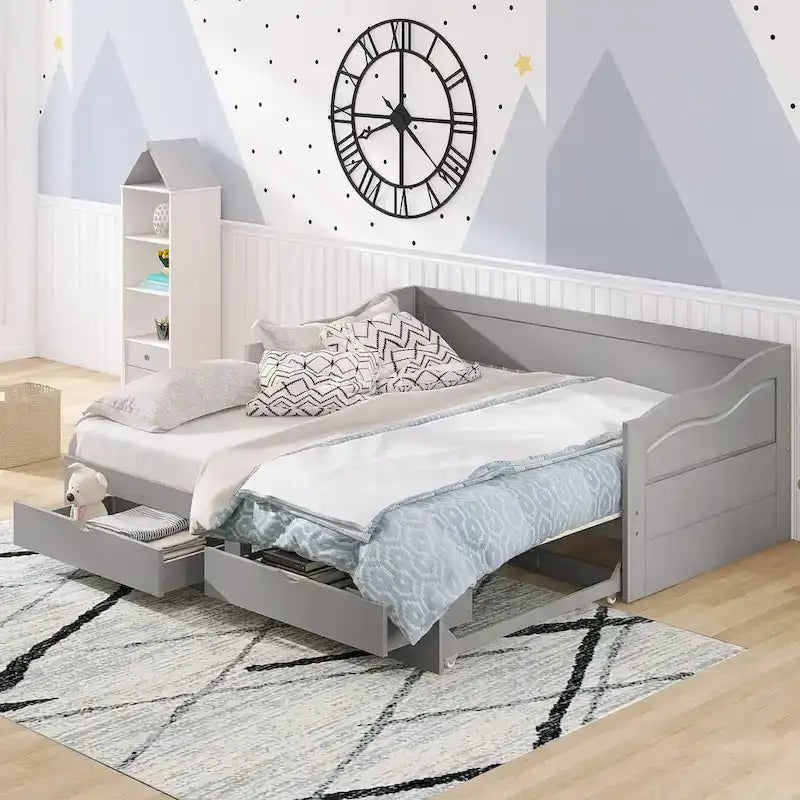 Canapé-lit extensible en bois, lit de repos avec lit gigogne et 2 tiroirs de rangement