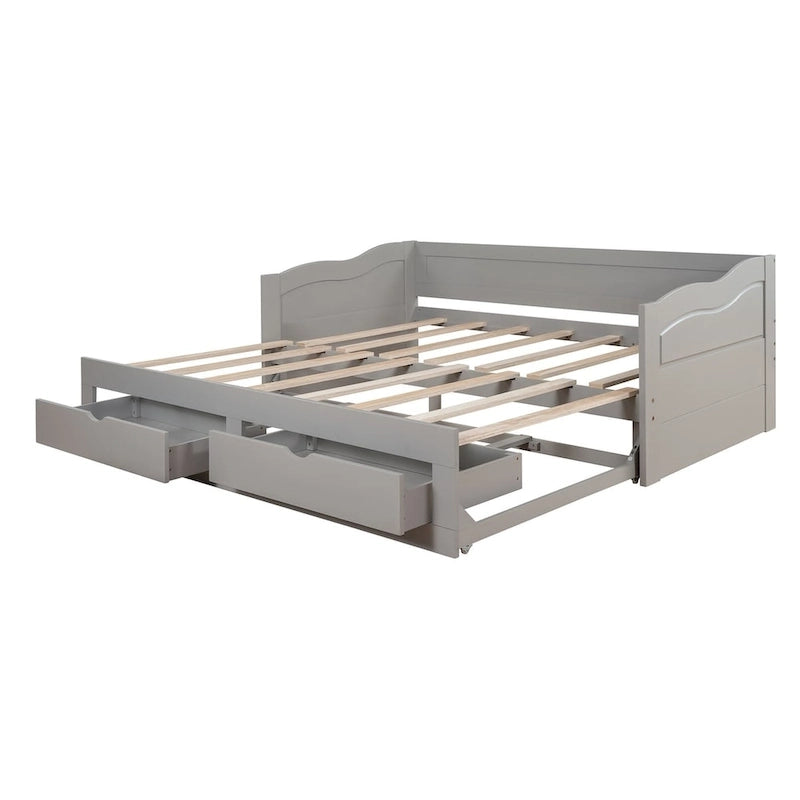 Canapé-lit extensible en bois, lit de repos avec lit gigogne et 2 tiroirs de rangement
